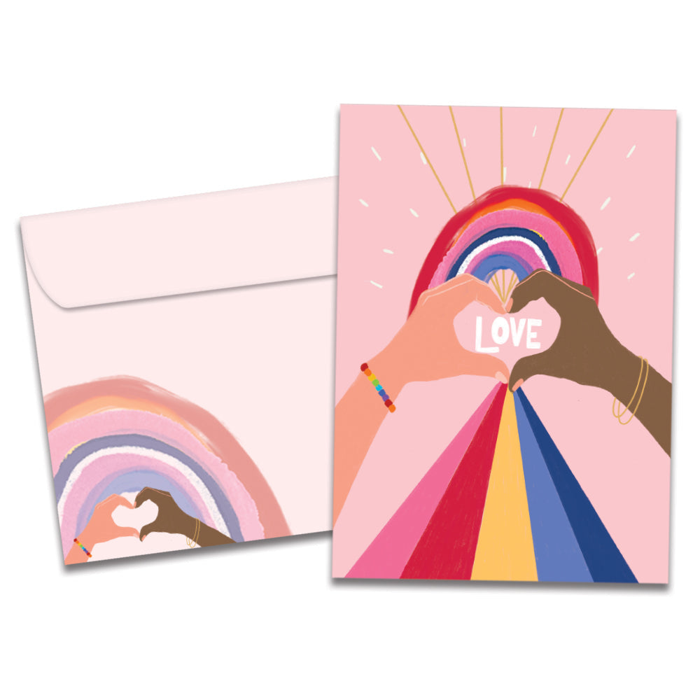 The cover of Tree-Free's Heart Rainbow card, along with its matching envelope.