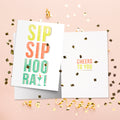 Load image into Gallery viewer, The inside of Tree-Free’s Sip Sip Hooray card, with the cover and envelope in the background.
