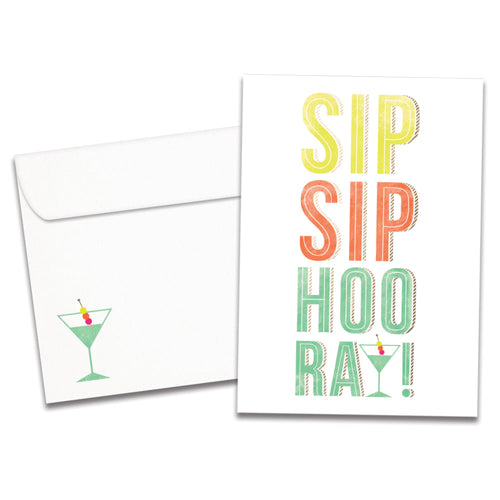 The cover of Tree-Free's Sip Sip Hooray card, along with its matching envelope.