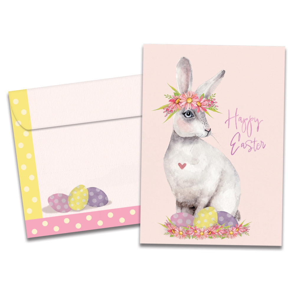 The cover of Tree-Free's Pretty Hoppy Bunny card, along with its matching envelope.