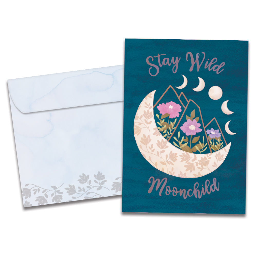 The cover of Tree-Free's Stay Wild Moonchild card, along with its matching envelope.