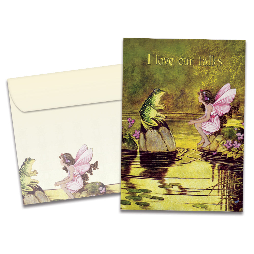 The cover of Tree-Free's Fairy and Frog card, along with its matching envelope.