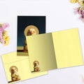 Load image into Gallery viewer, The inside of Tree-Free’s Yoga Chick Lotus card, with the cover and envelope in the background.
