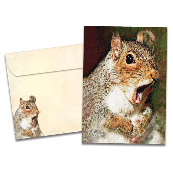 The cover of Tree-Free's Nuts Squirrel card, along with its matching envelope.