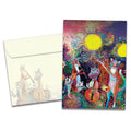 Load image into Gallery viewer, The cover of Tree-Free&#39;s Animal Serenade Birthday card, along with its matching envelope. The card cover features a group of forest animals playing musical instruments in front of a painted sunset background.
