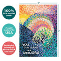 Load image into Gallery viewer, The cover of Tree-Free’s Beautiful Colors card with lines demonstrating its 5x7 dimensions, along with the following text: “100% PCW recycled paper, proudly made in the USA, sustainably printed on extra-thick card stock”
