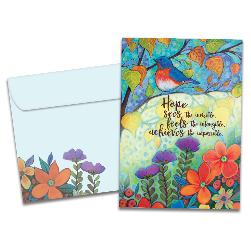 The cover of Tree-Free's Hopeful Bird card, along with its matching envelope.