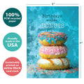 Load image into Gallery viewer, The cover of Tree-Free’s How Many Donuts card with lines demonstrating its 5x7 dimensions, along with the following text: “100% PCW recycled paper, proudly made in the USA, sustainably printed on extra-thick card stock”
