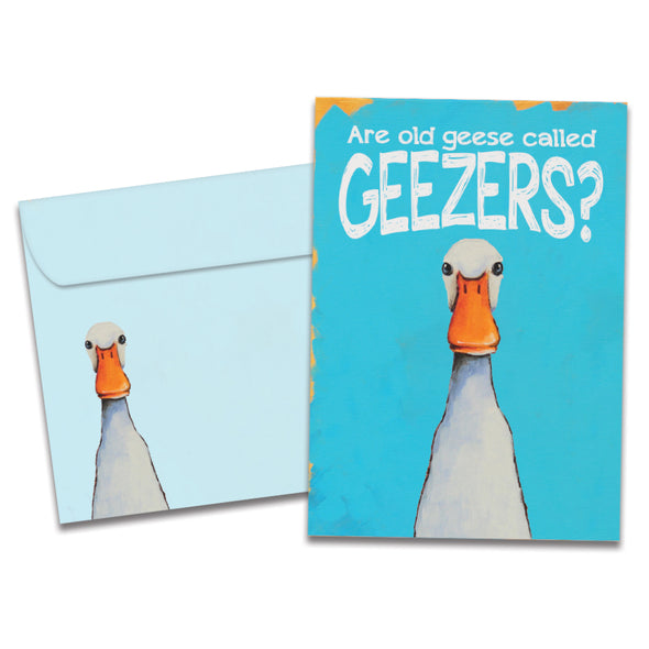 Cover of Geezers Birthday card (featuring serif text above artwork of a goose) and its matching envelope