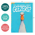 Load image into Gallery viewer, The cover of Tree-Free’s Geezers card with lines demonstrating its 5x7 dimensions, along with the following text: “100% PCW recycled paper, proudly made in the USA, sustainably printed on extra-thick card stock”
