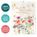 Load image into Gallery viewer, The cover of Tree-Free’s Spring Singing card with lines demonstrating its 5x7 dimensions, along with the following text: “100% PCW recycled paper, proudly made in the USA, sustainably printed on extra-thick card stock”
