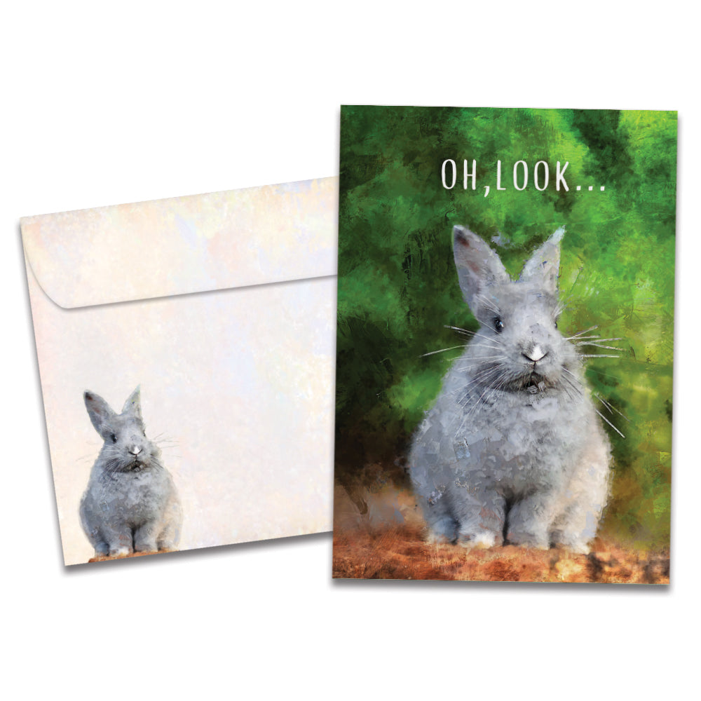 The cover of Tree-Free's Gray Bunny card, along with its matching envelope.