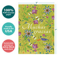 Load image into Gallery viewer, The cover of Tree-Free’s Gracias Flowers card with lines demonstrating its 5x7 dimensions, along with the following text: “100% PCW recycled paper, proudly made in the USA, sustainably printed on extra-thick card stock”
