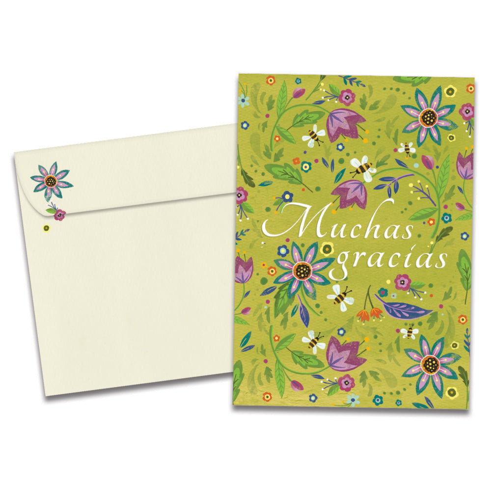 The cover of Tree-Free's Gracias Flowers card, along with its matching envelope.