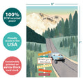 Load image into Gallery viewer, The cover of Tree-Free’s Year of Adventures card with lines demonstrating its 5x7 dimensions, along with the following text: “100% PCW recycled paper, proudly made in the USA, sustainably printed on extra-thick card stock”
