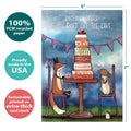 Load image into Gallery viewer, The cover of Tree-Free’s Cake Advice card with lines demonstrating its 5x7 dimensions, along with the following text: “100% PCW recycled paper, proudly made in the USA, sustainably printed on extra-thick card stock”
