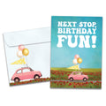 Load image into Gallery viewer, The cover of Tree-Free&#39;s Next Stop card, along with its matching envelope.
