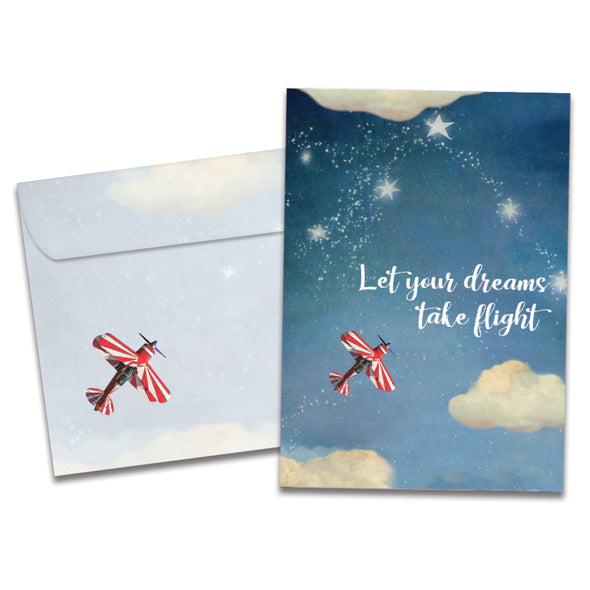 The cover of Tree-Free's Dreams Take Flight card, along with its matching envelope.