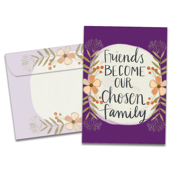 The cover of Tree-Free's Chosen Family card, along with its matching envelope.