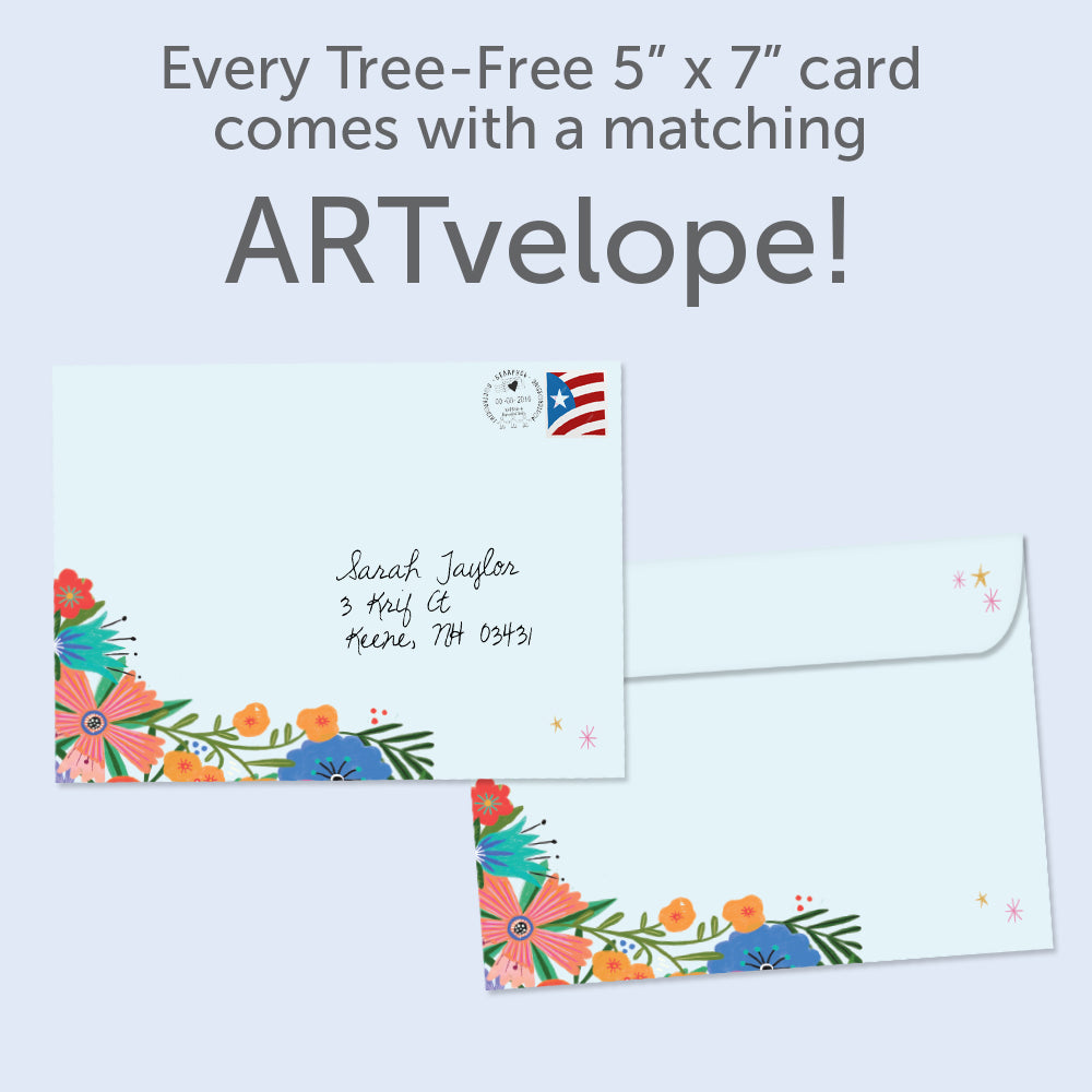 The envelope for Tree-Free’s Let Light Shine card, along with the following text: “Every Tree-Free 5x7 card comes with a matching ARTvelope!”