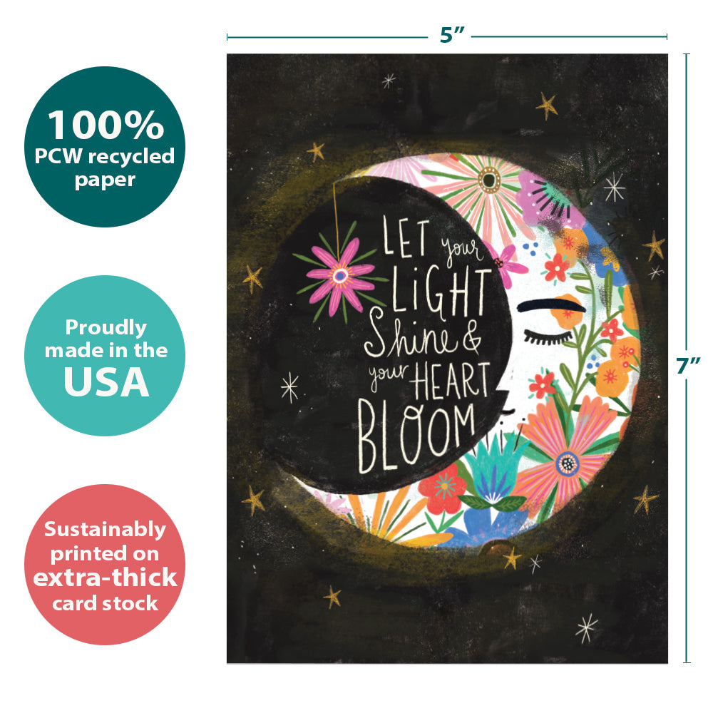 The cover of Tree-Free’s Let Light Shine card with lines demonstrating its 5x7 dimensions, along with the following text: “100% PCW recycled paper, proudly made in the USA, sustainably printed on extra-thick card stock”