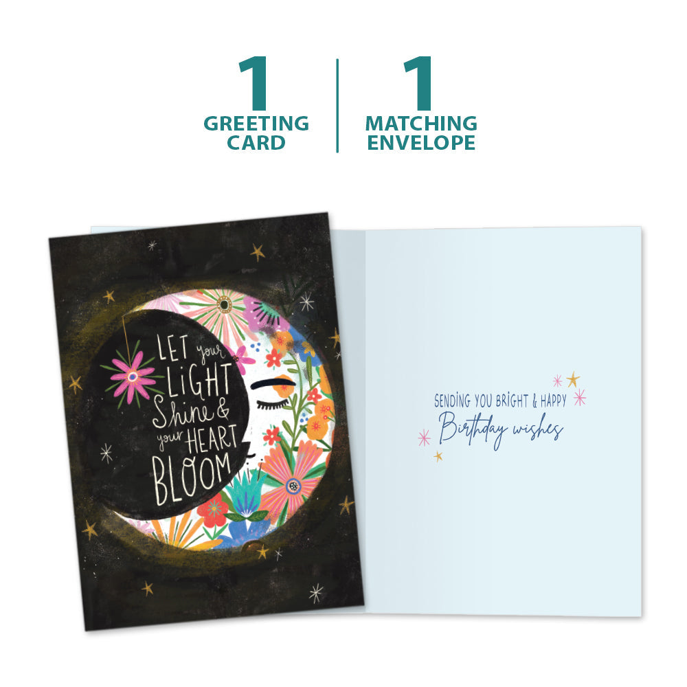 The cover and inside of Tree-Free’s Let Light Shine card, along with the following text: “1 greeting card, 1 matching envelope”