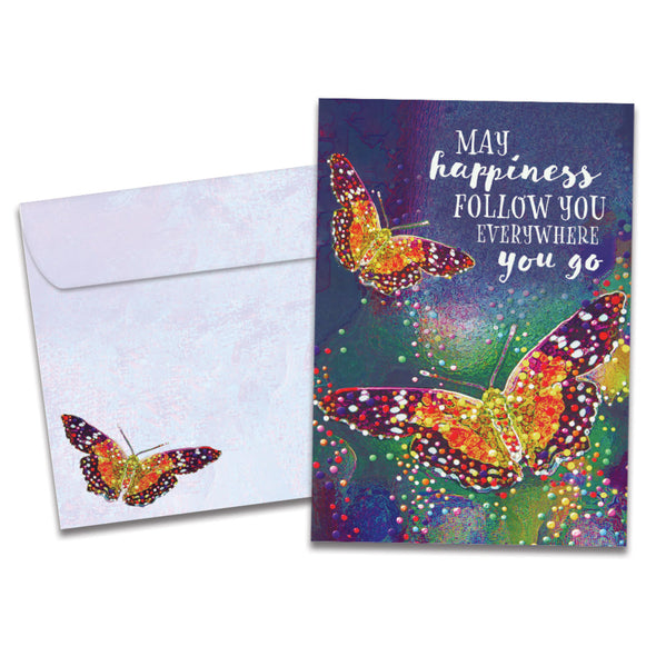 Cover of Everywhere You Go Birthday card (featuring script and serif text above artwork of two butterflies) and its matching envelope