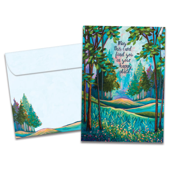 The cover of Tree-Free's Happy Place card, along with its matching envelope.