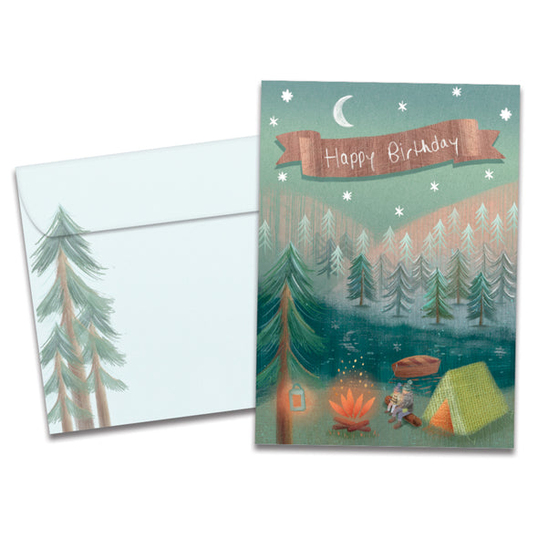 The cover of Tree-Free's Great Time Camping card, along with its matching envelope.