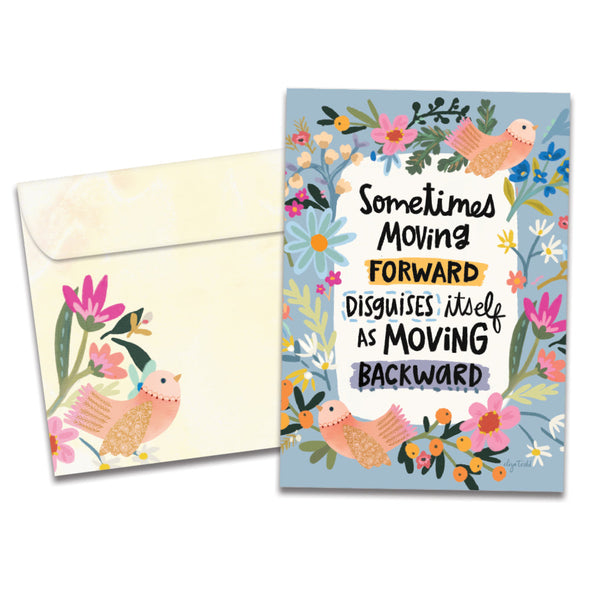 The cover of Tree-Free's Moving Forward card, along with its matching envelope.