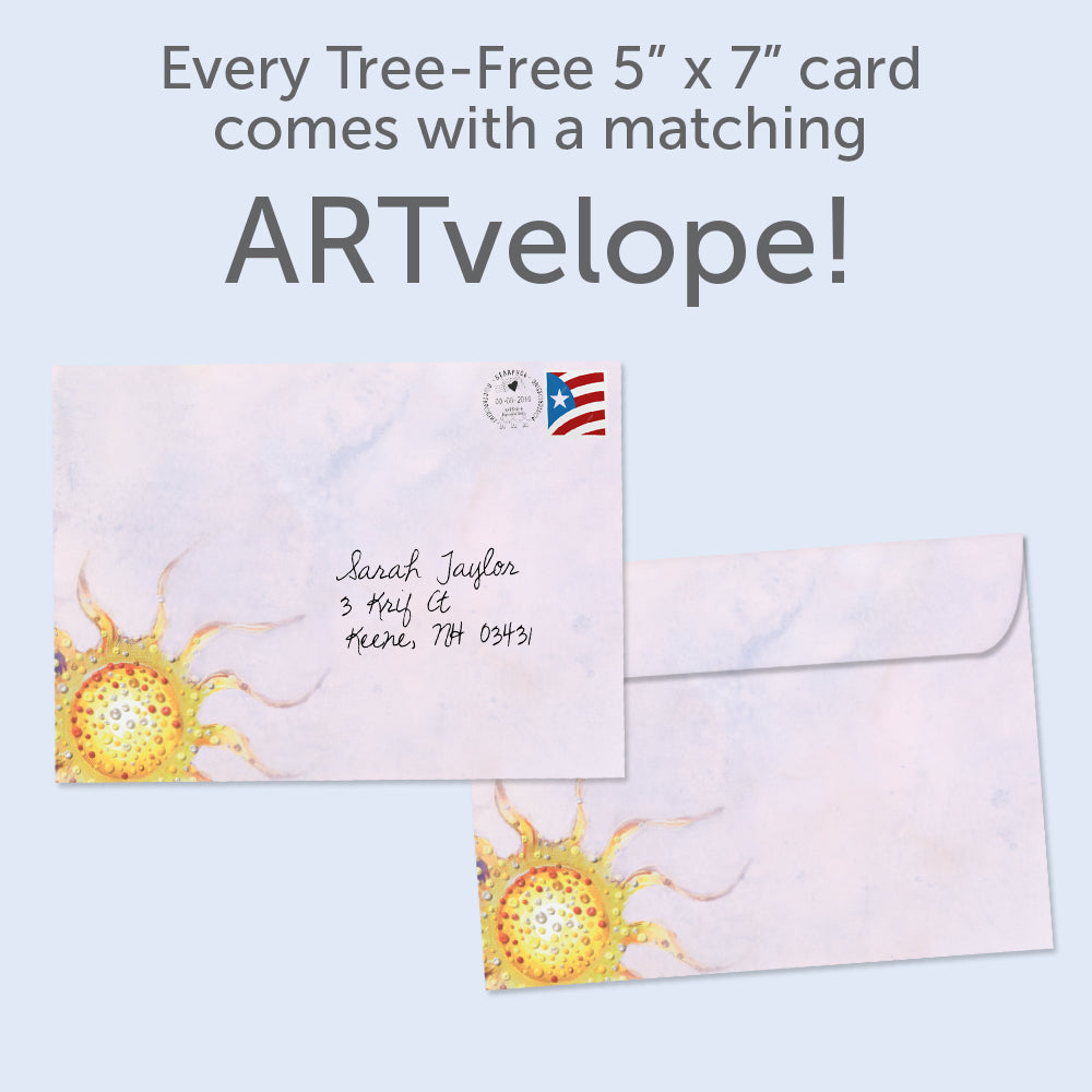 The envelope for Tree-Free’s Another Glorious Trip card, along with the following text: “Every Tree-Free 5x7 card comes with a matching ARTvelope!”