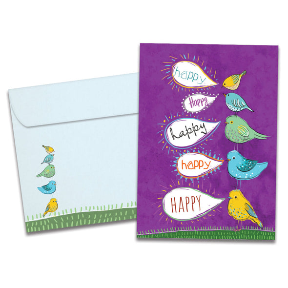 The cover of Tree-Free's Happy Birds card, along with its matching envelope.