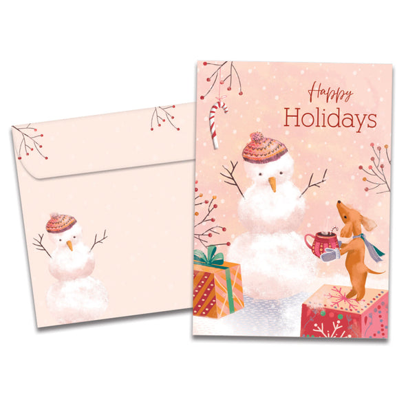 The cover of Tree-Free's Comfort Joy Snowman card, along with its matching envelope.