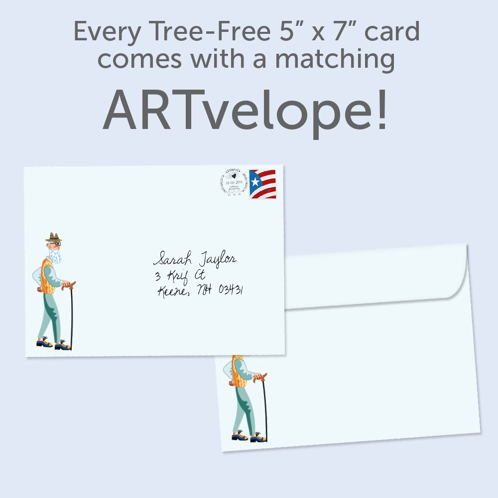 The envelope for Tree-Free’s The Senility Prayer card, along with the following text: “Every Tree-Free 5x7 card comes with a matching ARTvelope!”