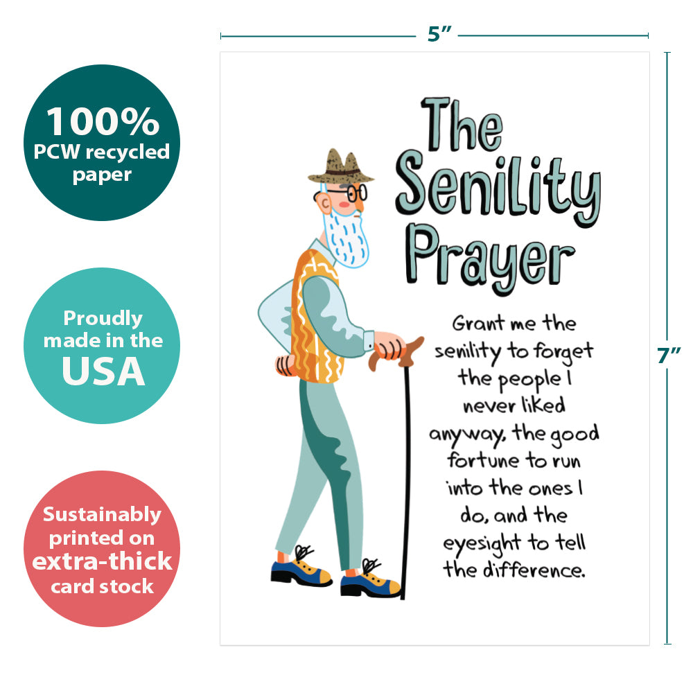 The cover of Tree-Free’s The Senility Prayer card with lines demonstrating its 5x7 dimensions, along with the following text: “100% PCW recycled paper, proudly made in the USA, sustainably printed on extra-thick card stock”