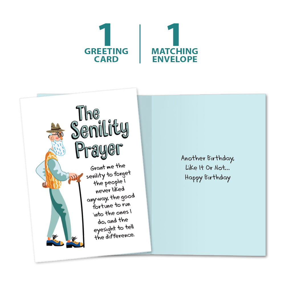 The cover and inside of Tree-Free’s The Senility Prayer card, along with the following text: “1 greeting card, 1 matching envelope”