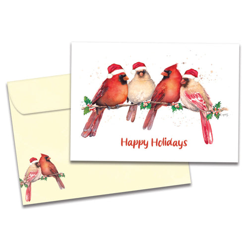 The cover of Tree-Free's Happy Cardinals card, along with its matching envelope.