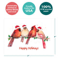 Load image into Gallery viewer, The cover of Tree-Free’s Happy Cardinals card with lines demonstrating its 5x7 dimensions, along with the following text: “100% PCW recycled paper, proudly made in the USA, sustainably printed on extra-thick card stock”
