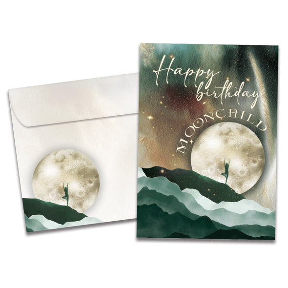 The cover of Tree-Free's Moon Child card, along with its matching envelope.