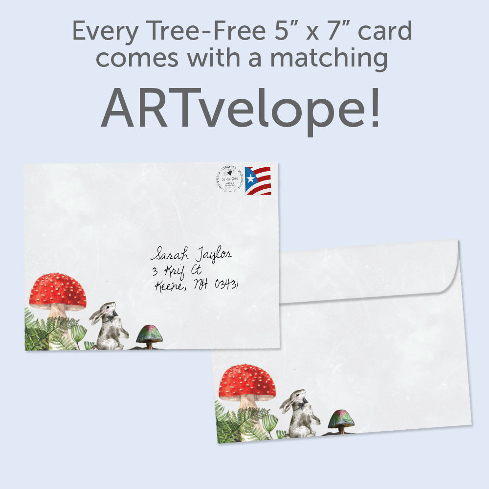 The envelope for Tree-Free’s Magical Wishes card, along with the following text: “Every Tree-Free 5x7 card comes with a matching ARTvelope!”