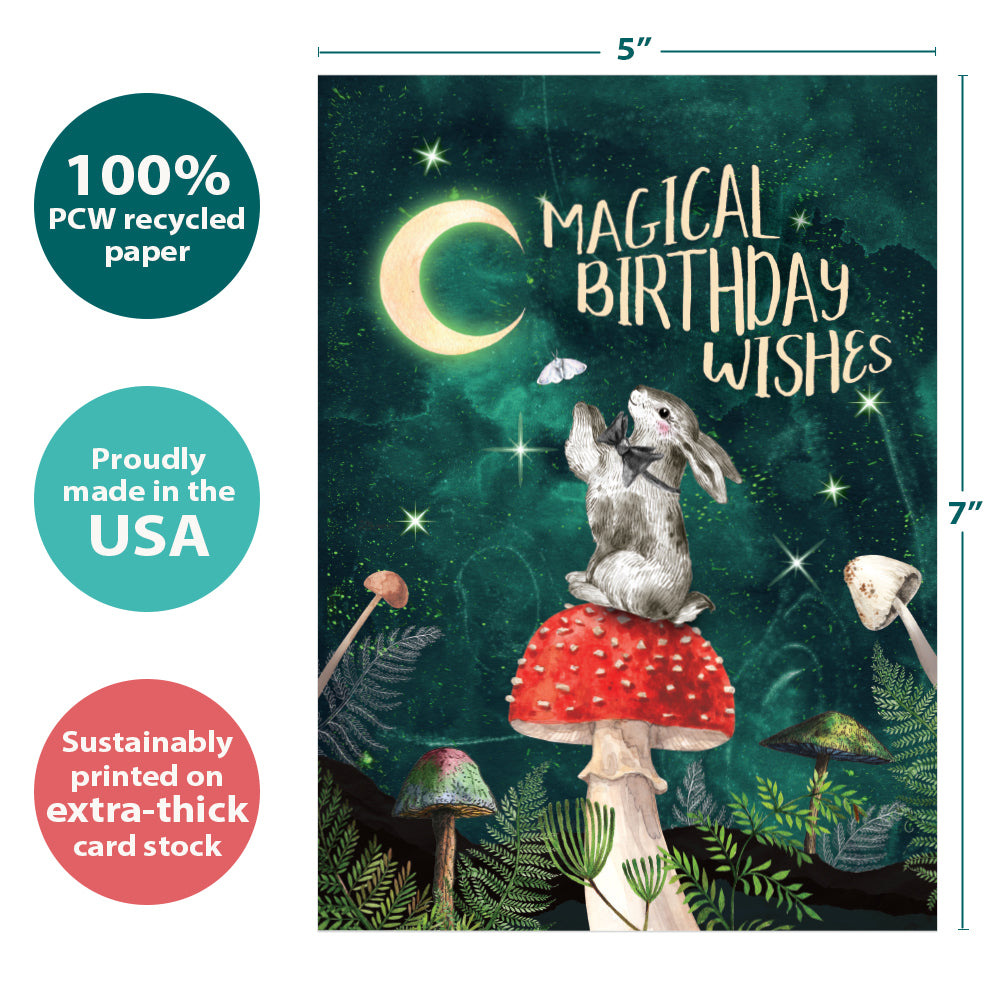 The cover of Tree-Free’s Magical Wishes card with lines demonstrating its 5x7 dimensions, along with the following text: “100% PCW recycled paper, proudly made in the USA, sustainably printed on extra-thick card stock”