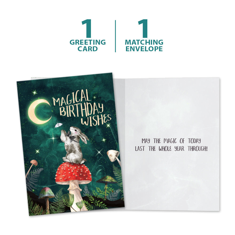 The cover and inside of Tree-Free’s Magical Wishes card, along with the following text: “1 greeting card, 1 matching envelope”