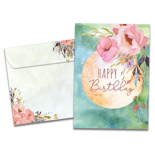 Cover of Joy and Possibility Birthday card (featuring script and serif text over artwork of the moon surrounded by flowers) and its matching envelope