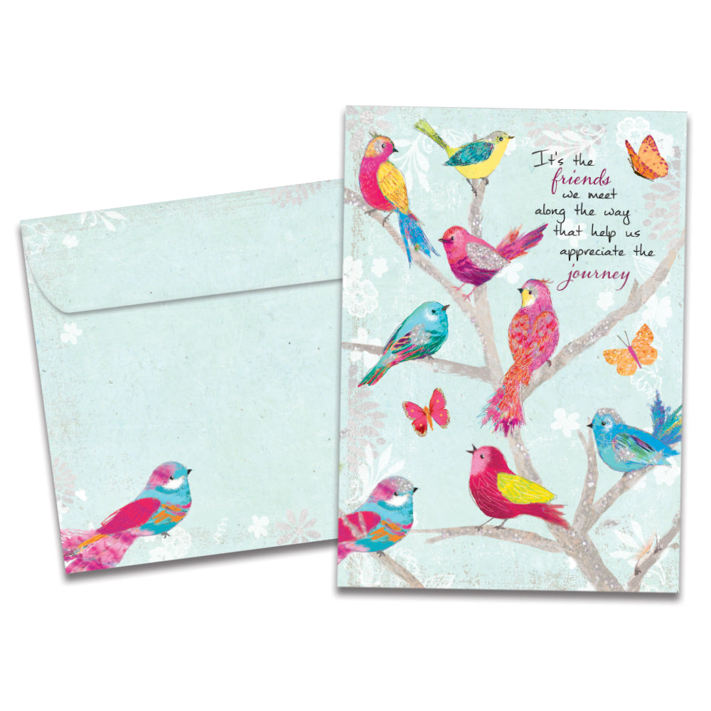 The cover of Tree-Free's Bird Day Wishes card, along with its matching envelope.