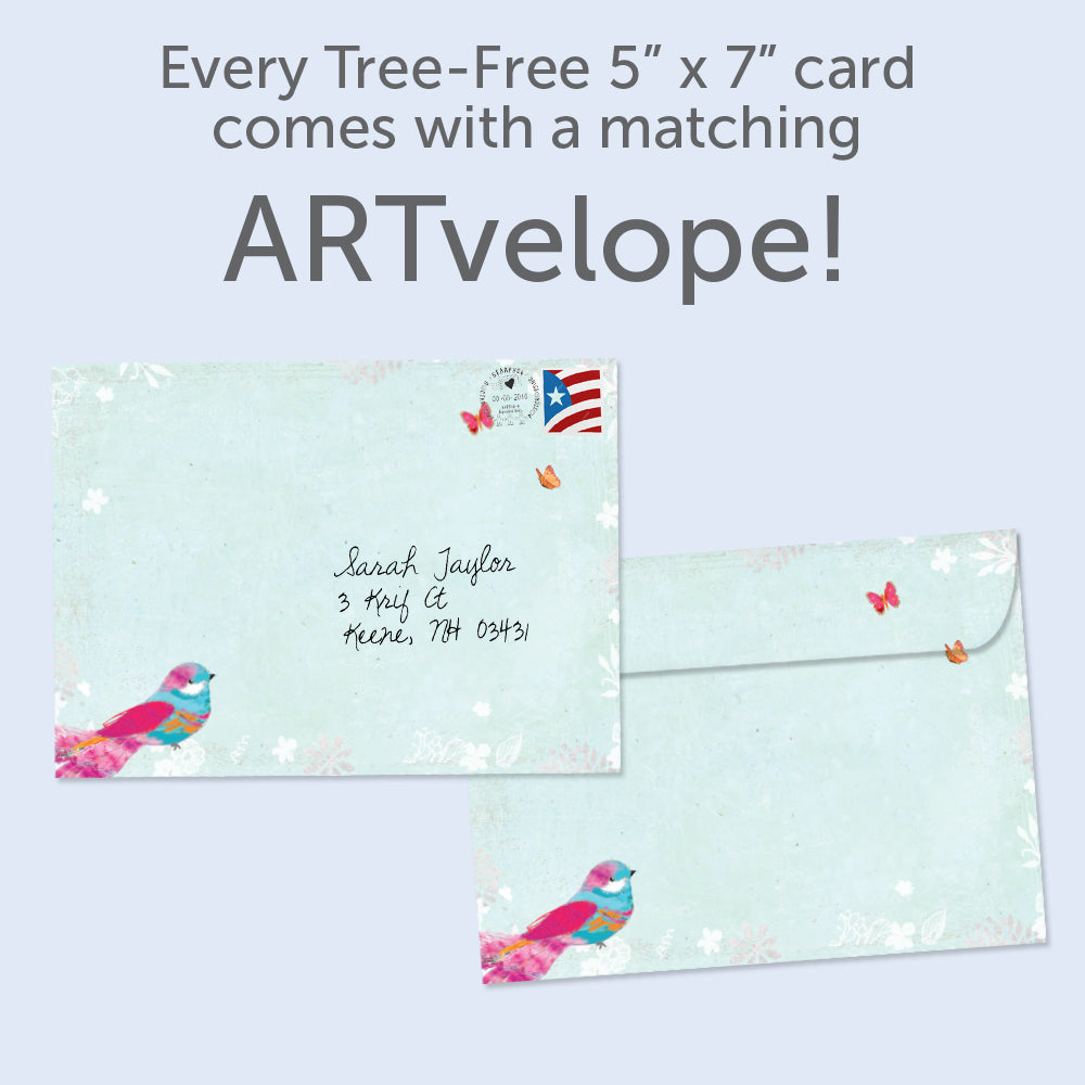 The envelope for Tree-Free’s Bird Day Wishes card, along with the following text: “Every Tree-Free 5x7 card comes with a matching ARTvelope!”