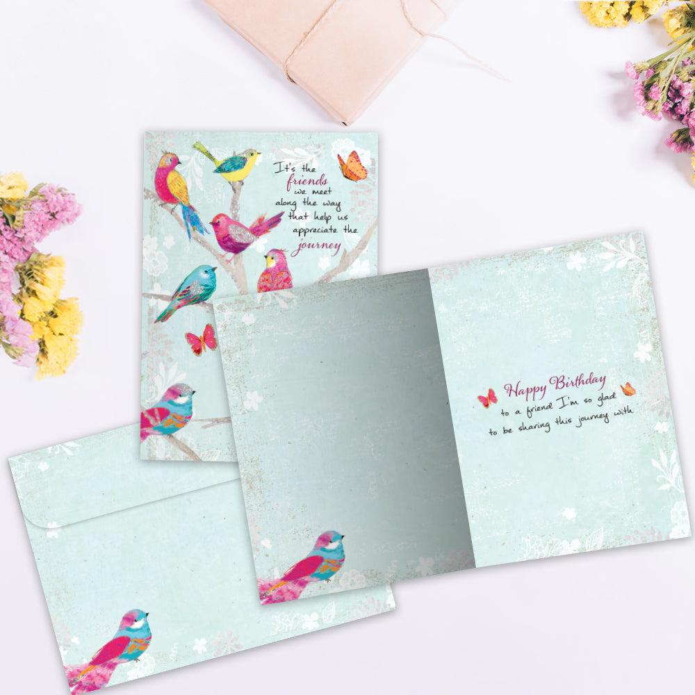 The inside of Tree-Free’s Bird Day Wishes card, with the cover and envelope in the background.