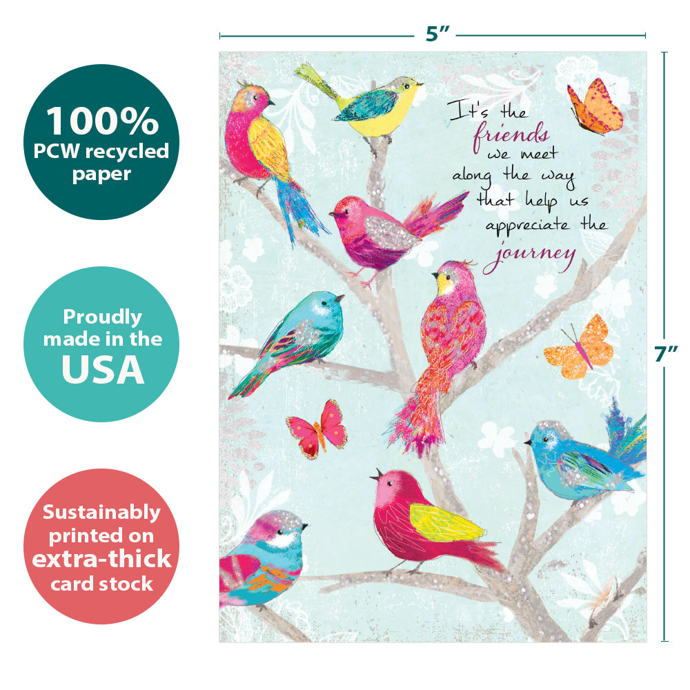 The cover of Tree-Free’s Bird Day Wishes card with lines demonstrating its 5x7 dimensions, along with the following text: “100% PCW recycled paper, proudly made in the USA, sustainably printed on extra-thick card stock”