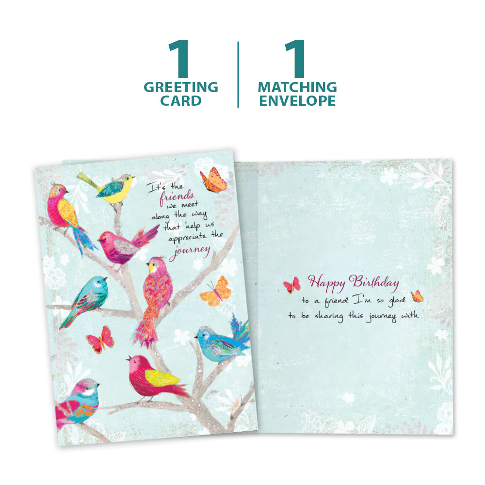 The cover and inside of Tree-Free’s Bird Day Wishes card, along with the following text: “1 greeting card, 1 matching envelope”