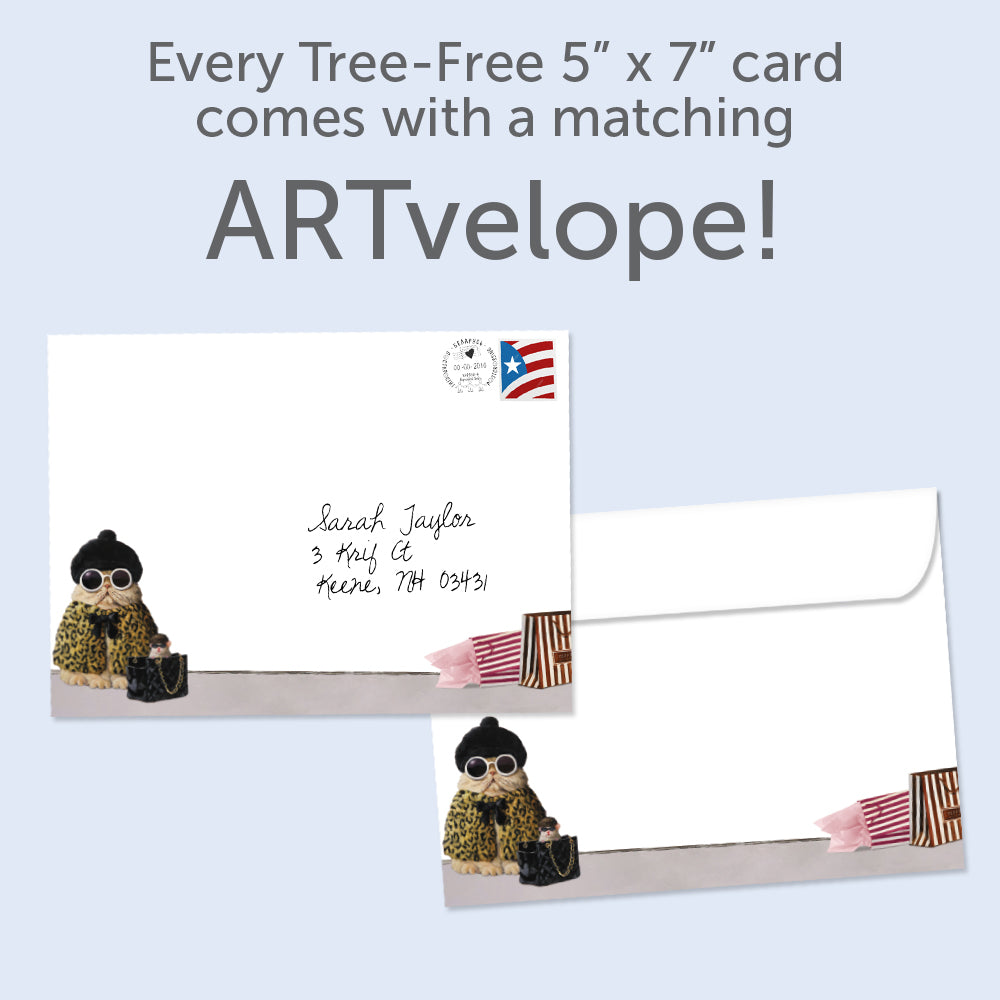 The envelope for Tree-Free’s A Day Over Fabulous card, along with the following text: “Every Tree-Free 5x7 card comes with a matching ARTvelope!”