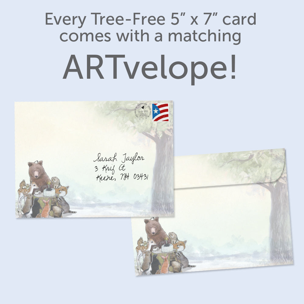 The envelope for Tree-Free’s Sweetest When Shared card, along with the following text: “Every Tree-Free 5x7 card comes with a matching ARTvelope!”